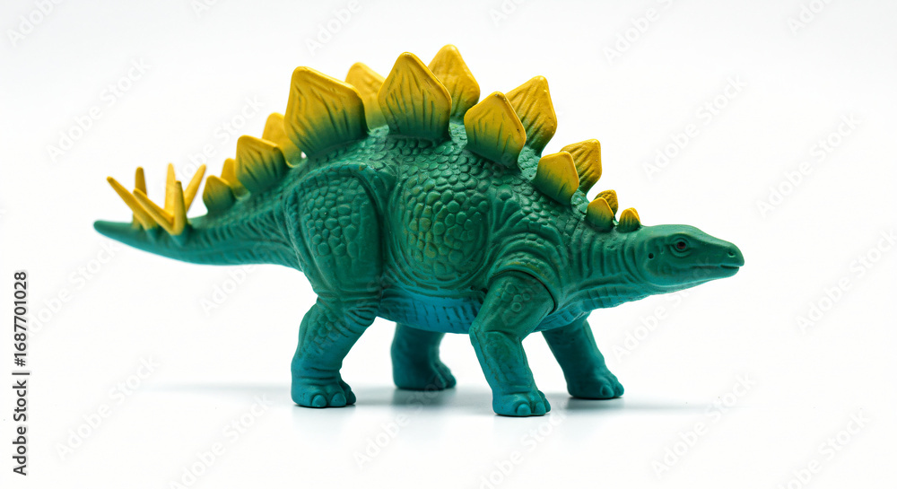 Fototapeta premium A detailed green stegosaurus dinosaur toy with yellow plates on its back and tail, captured against a clean white background