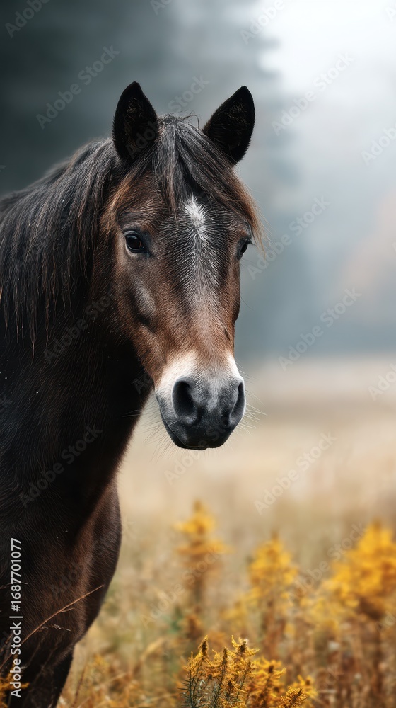 Naklejka premium Majestic horse standing in a foggy field surrounded by tall grass and autumn foliage