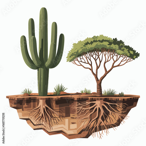 Desert island with saguaro cactus and acacia tree showing roots
