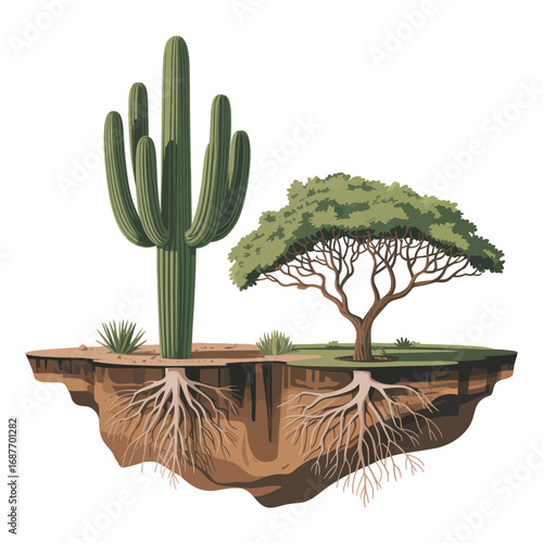 Floating island with desert cactus and acacia tree showing roots