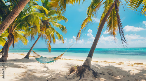 a tropical beach with palm trees, turquoise sea, hammock in the shade, cinematic paradise travel photo, bright and vibrant, 16:9