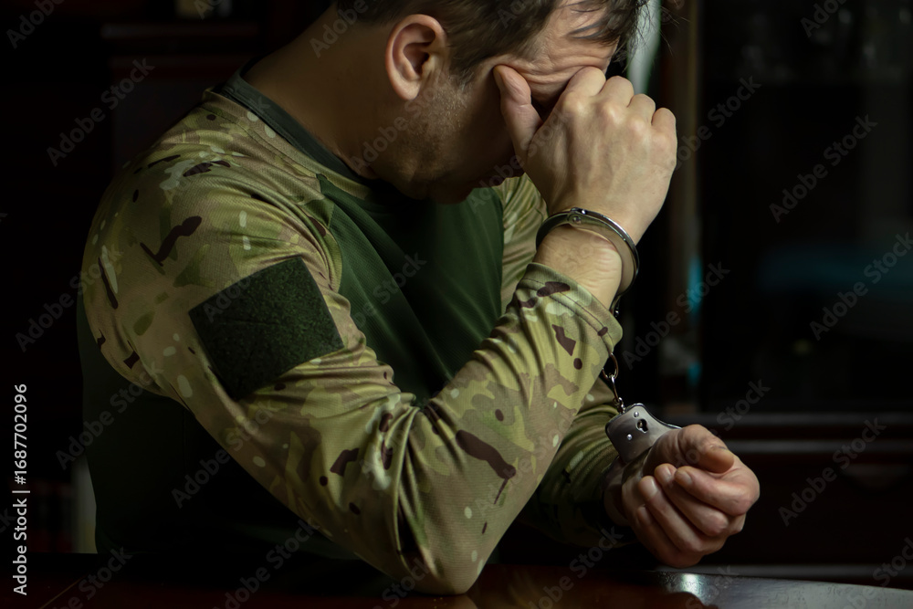 Obraz premium A soldier in handcuffs bows his head towards his hands.