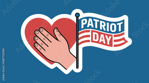 Illustration showing a hand on a heart and a patriot day flag on a blue colored background