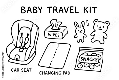 Baby Travel Kit Doodles. Baby travel kit doodle set: hand drawn icons for car seat, travel wipes, changing pad, mini toys, and
