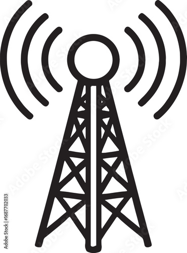 Black and white icon of a radio tower broadcasting signals Keywords: radio tower, broadcast, signal