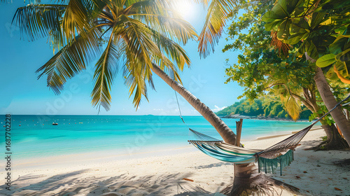 a tropical beach with palm trees, turquoise sea, hammock in the shade, cinematic paradise travel photo, bright and vibrant, 16:9