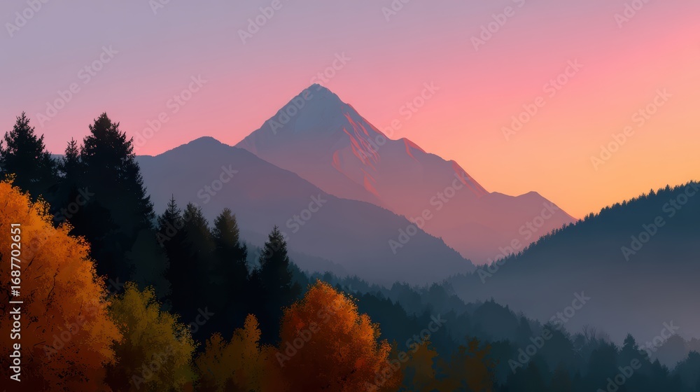 Obraz premium autumn mountain landscape background with colorful trees and sunrise
