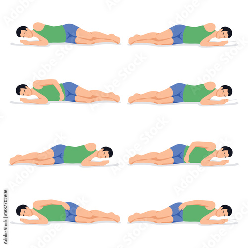 Man demonstrates side plank exercise progression on white background