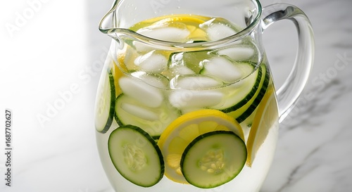 Clear glass pitcher brimming with ice-cold water, infused with bright lemon and crisp cucumber slices, offering a naturally refreshing, healthy beverage for ultimate hydration