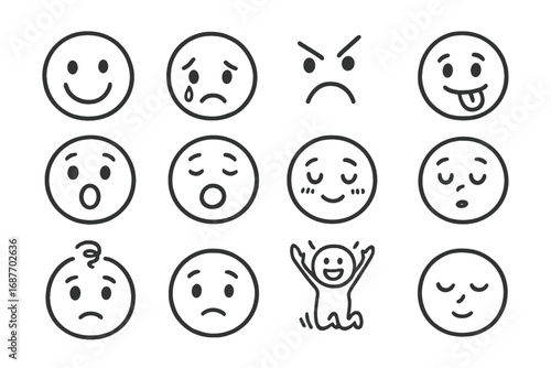 Kids Emotions Icons. Kids emotions doodle icon set: hand drawn icons of happy face, sad tear, angry eyebrow, silly tongue,