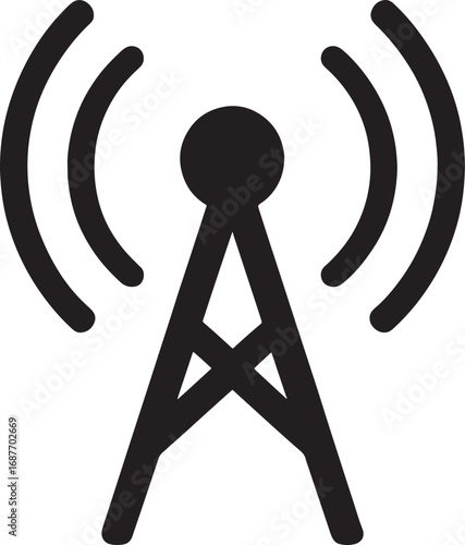 Black icon of a radio tower with broadcast signal waves Keywords: radio tower, antenna, broadcast