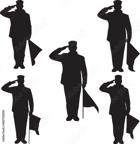 Silhouette Soldiers Saluting Holding Flags