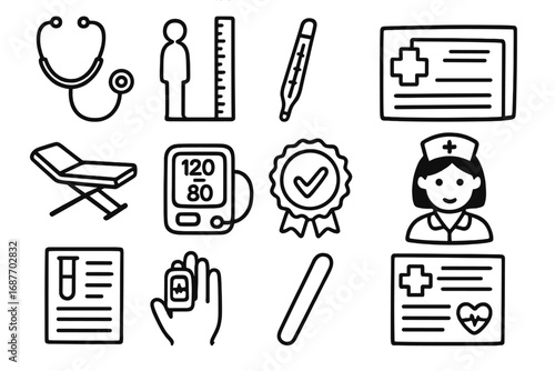 Medical Doodle Icons. Medical checkup doodle icon set: hand drawn icons of stethoscope, height chart, thermometer, exam table,