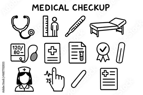 Medical Doodle Icons. Medical checkup doodle icon set: hand drawn icons of stethoscope, height chart, thermometer, exam table,