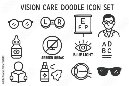 Vision Care Doodles. Vision care doodle icon set: hand drawn icons of glasses, contact case, eye chart, optometrist, eye drops,