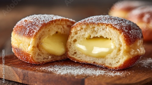 Closeup sweet filled donuts
