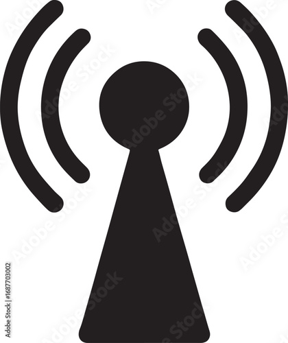 Black radio tower icon with signal waves on white background antenna