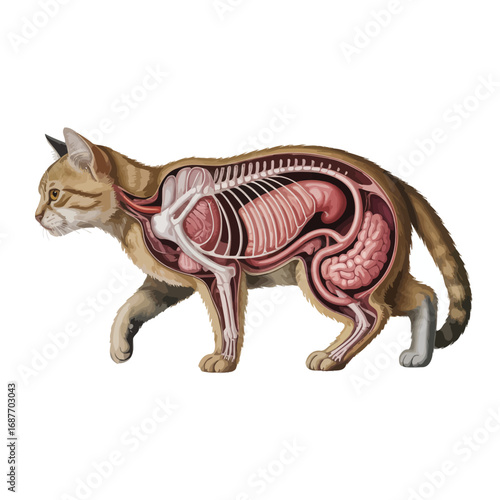 Feline anatomy illustration showing internal organs and skeletal structure