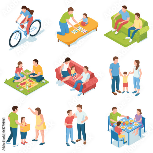 Isometric illustrations of families enjoying various leisure activities together