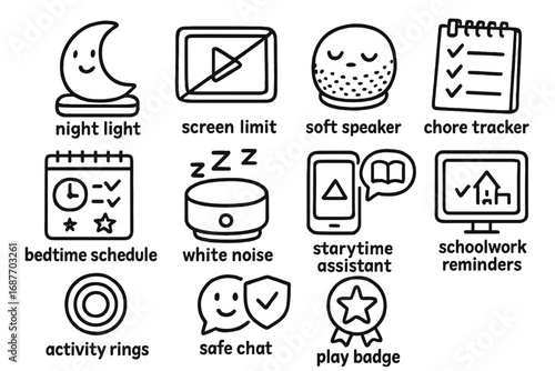 Kids Room Icons. Connected kids room doodle icon set: hand drawn icons of night light, screen limit icon, soft speaker, chore