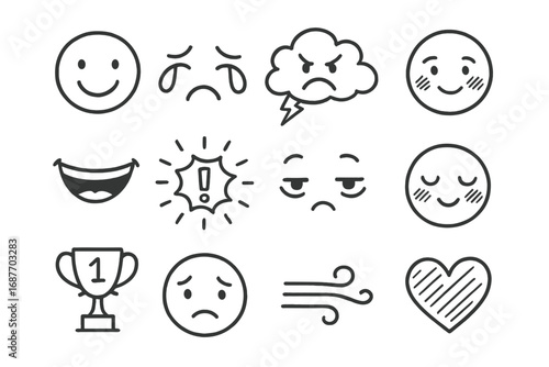 Children's Emotions Icons. Children’s emotions doodle icon set: hand drawn icons of happy face, crying eyes, angry cloud, shy