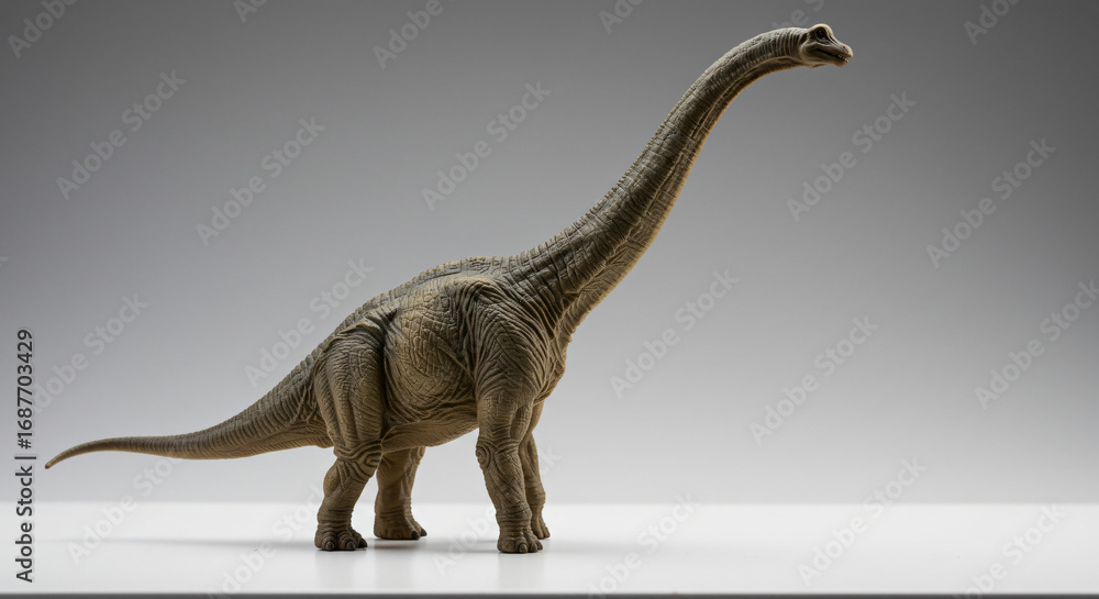 Fototapeta premium A realistic dinosaur figurine, a long-necked brachiosaurus, standing tall against a neutral grey background