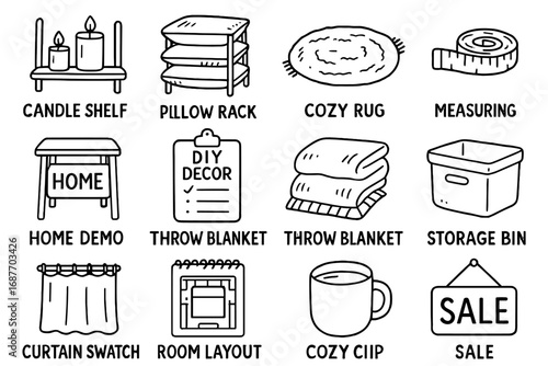 Home Shopping Doodle Icons. Home goods shopping doodle icon set: hand drawn icons of candle shelf, pillow rack, cozy rug,