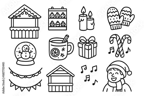 Holiday Market Icons. Holiday market doodle icon set: hand drawn icons of holiday booths, ornament shelves, candles, hand-knit