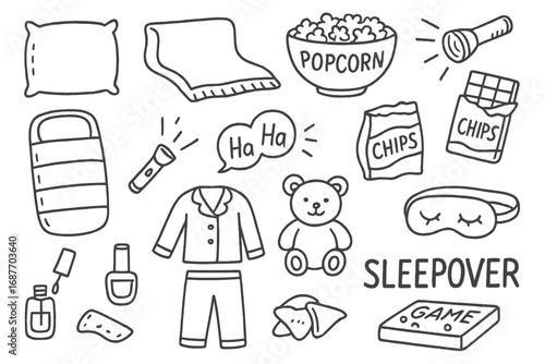 Sleepover Doodles Extravaganza. Sleepover night: hand drawn doodles of pillows, blankets, popcorn, flashlights, sleeping bags,