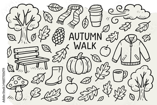 Autumn Doodle Collection. Autumn walk: hand drawn doodles of crunchy leaves, scarves, coffee cups, trees, boots, pumpkins,