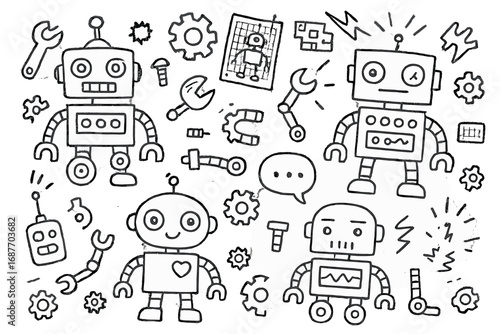 Doodle Robot Parts. Toy robots: hand drawn doodles of gears, arms, blinking eyes, control panels, remote controls, bolts, circuit