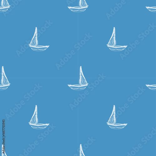Ink drawn vector seamless repeat pattern in expressive freeform style. Coastal sea themed. Boat