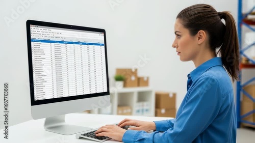 Woman in blue shirt working on computer with spreadsheet application. Data entry specialist typing on keyboard with inventory data footage.
