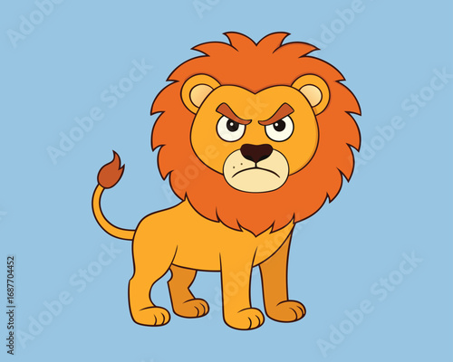 Cartoon Lion with Angry Expression Standing on a Blue Background