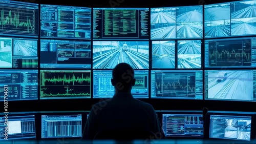Man monitoring multiple screens with train tracks and data graphs. Surveillance system and security concept in control room footage.