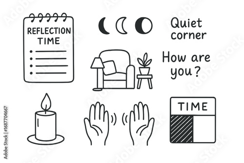 Reflective Doodle Elements. Reflection time: hand drawn doodles of notepads, quiet corners, moon phases, calm questions, lighting