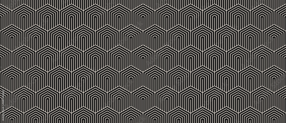 custom made wallpaper toronto digitalVector minimal seamless pattern with hexagons, lines. Black and white abstract geometric background with hexagonal grid. Simple minimalist linear texture. Monochrome repeating design for print, decor