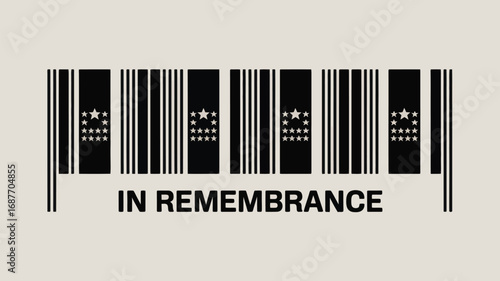 A barcode with star symbols and the words in remembrance on a cream colored background graphic design
