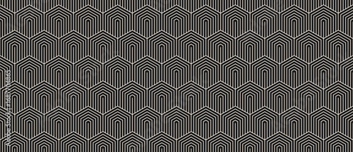 Wallpaper Mural Vector minimal seamless pattern with hexagons, lines. Black and white abstract geometric background with hexagonal grid. Simple minimalist linear texture. Monochrome repeating design for print, decor Torontodigital.ca