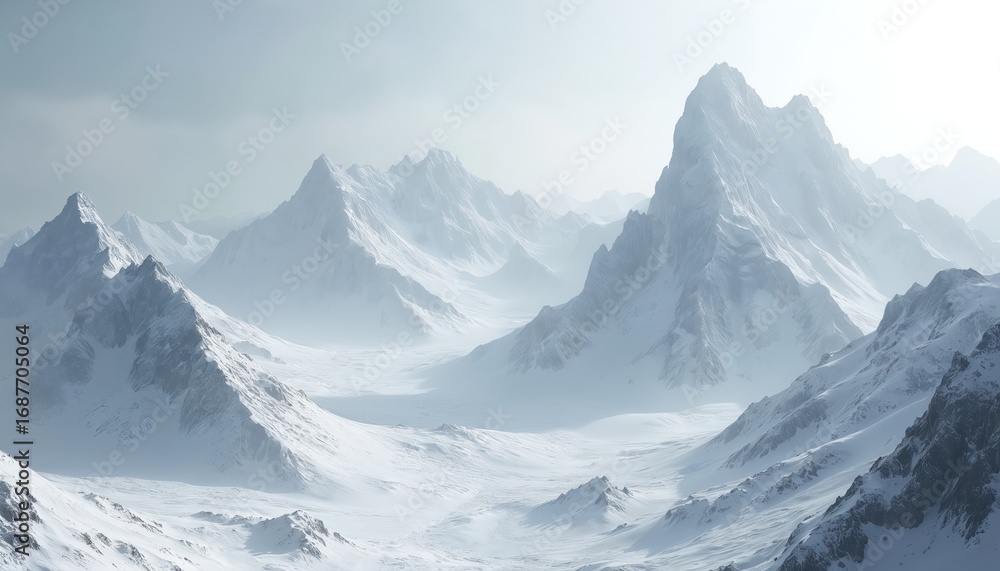 Obraz premium Monochromatic mountain range digital illustration in white and grey tones. Features minimalist, three-dimensional landscape with sharp peaks and ridges covered in snow. Computer-generated graphic art.