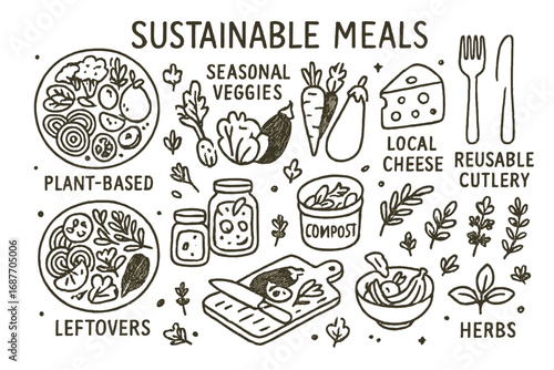Plant-Based Meal Doodles. Sustainable meals: hand drawn doodles of plant-based dishes, seasonal veggies, local cheese, reusable