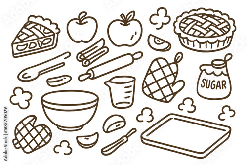 Apple Baking Doodles. Baking with apples: hand drawn doodles of pie crusts, apple slices, cinnamon sticks, rolling pins, mixing