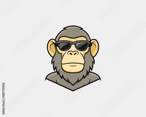 Cool Monkey Cartoon Character Wearing Sunglasses with a Neutral Expression and Gray Background