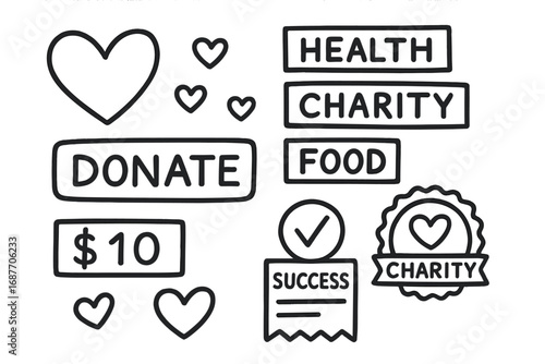 Mobile Donation Doodles. Donation via mobile: hand drawn doodles of heart icons, cause tags, donate button, charity badge,