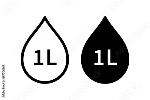 Water capacity icons set. Liquid volume symbol 1 liter. Water drop icon. Fluid volume. L sign. Scale for liquid or ingredient. Vector illustration isolated on white background.