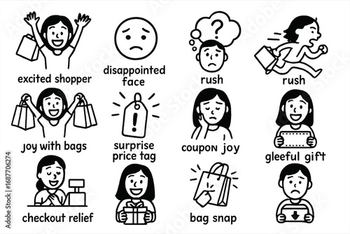 Shopper Emotions Icons. Shopper emotions doodle icon set: hand drawn icons of excited shopper, disappointed face, indecisive