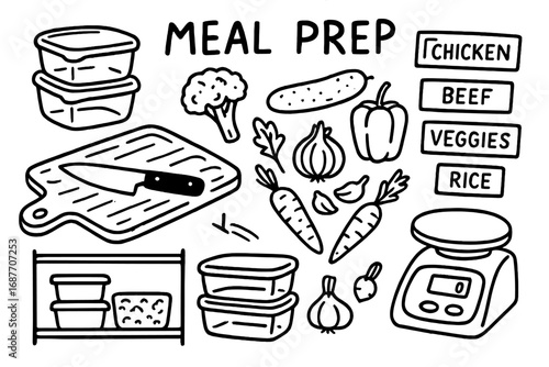 Meal Prep Doodles. Meal prep day: hand drawn doodles of containers, cutting board, veggie ingredients, labels, fridge shelf, and