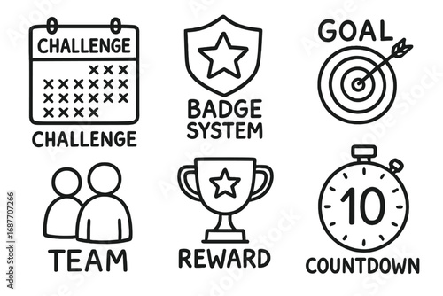 Fitness Challenge Doodles. Fitness challenge: hand drawn doodles of challenge calendar, badge system, goal icon, team icon, reward
