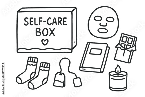 Self-Care Essentials. Self-care box: hand drawn doodles of wellness box, face mask, book, chocolate bar, cozy socks, tea bag, and