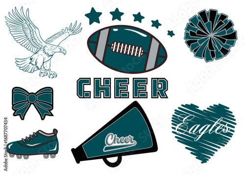 Cheer-leading EAGLES  illustration, green and white bow, pom-poms, a cheer leading uniform, a megaphone. Vector cheer leading illustration.